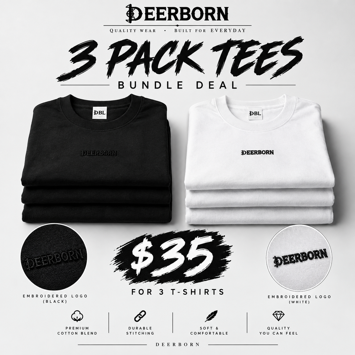 3 pack DeerBorn premium Black or White T-shirts